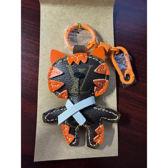 Upcycled Designer Canvas Kitty Keychain Bag Charm Orange Leather One of a Kind - Picture 5 of 6